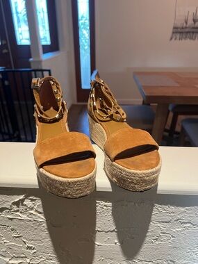 Marc Fisher Tan Suede Espadrille Wedge Sandals with Studded Ankle Wrap